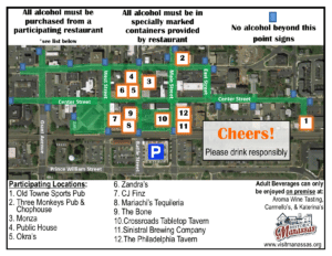 Map of road closures and beverage providers for ABC Permit on First Friday in November