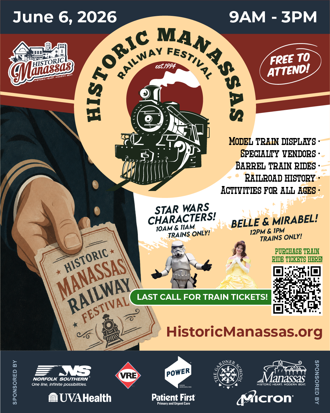 LAST CALL FOR TRAIN EXCURSION TICKETS! The 32nd Annual Historic Manassas Railway Festival is FREE TO ATTEND and takes place THIS Saturday, June 6 from 9am - 3pm. The train ride excursion tickets are available for purchase as a bonus experience alongside the festival. The tickets for the train ride are now on sale at https://pci.jotform.com/form/261026323068147 ! We have the popular Star Wars characters joining the 10am and 11am trains, and the ever popular Belle & Mirabel will be present on the 12pm and 1pm trains. The Historic Manassas Railway Festival is June 6, 2026 - only a few weeks way - so grab your tickets today before they sell out - we can't wait to see you! https://pci.jotform.com/form/261026323068147 For event and train ride details, please visit: https://historicmanassas.org/historic-manassas-railway-festival/